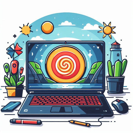 Laptop computer with sun and cloud on screen. Vector illustration.のイラスト素材