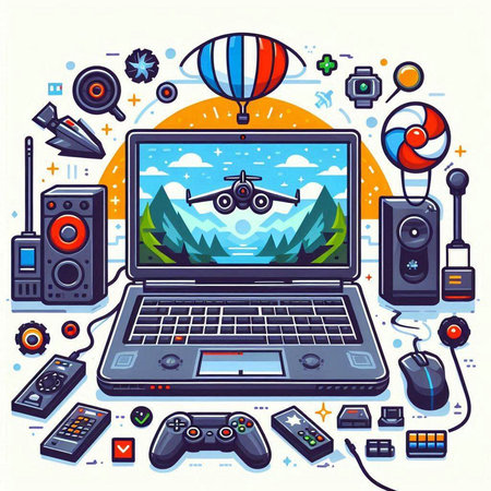 Video games and entertainment. Colorful vector illustration in line art style.のイラスト素材