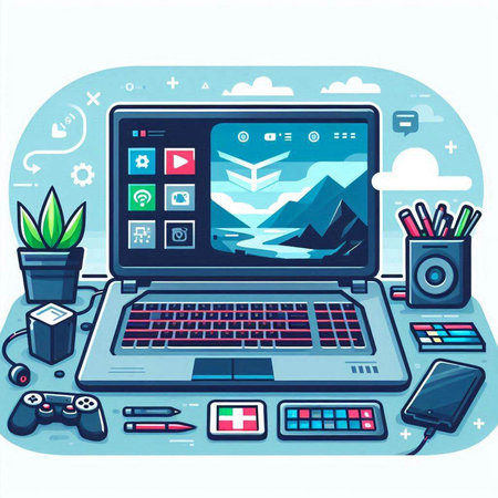 Vector illustration of a laptop with a view of the mountains, a gamepad, a gamepad, a smartphone and a plant in a pot.のイラスト素材