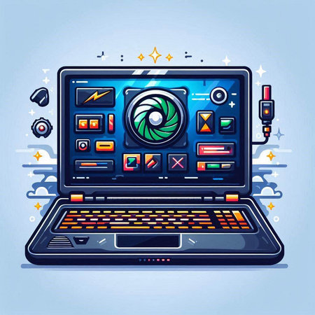 Vector illustration of a laptop with a video camera, video player, video recorder and other equipment.のイラスト素材