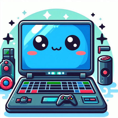 Cartoon Illustration of Cute Laptop Computer with Joysticksのイラスト素材