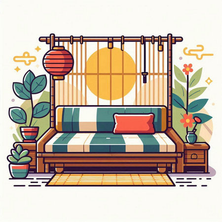 Vector illustration of a cozy living room with a sofa and a swingのイラスト素材