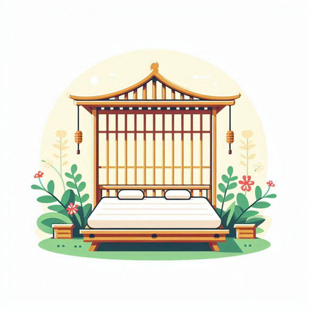 Illustration of a wooden bed in the garden. Vector illustration.のイラスト素材
