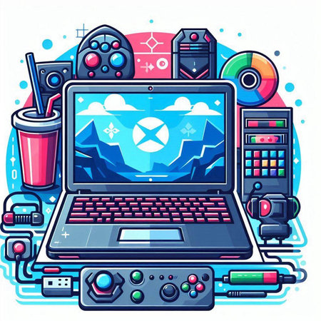 Vector illustration of laptop with gamepad, joystick, video game controller, drink and icons.のイラスト素材