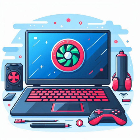 Laptop with video game controller on screen. Vector illustration in flat styleのイラスト素材