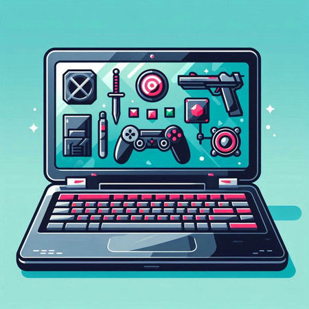 Laptop with game elements on screen. Vector illustration in flat styleのイラスト素材