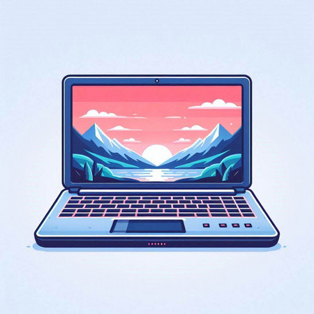Laptop computer with mountains and river on screen. Vector illustration.のイラスト素材