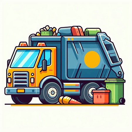 Garbage truck with garbage bags and trash can. Vector illustration.のイラスト素材
