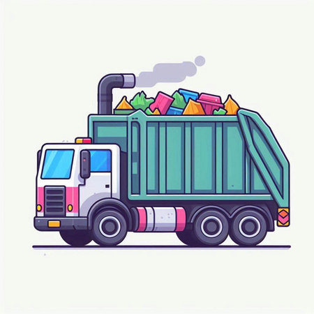 Garbage truck. Vector illustration in cartoon style on white background.のイラスト素材
