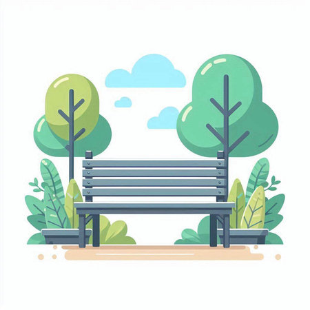 Park bench with trees and bushes. Vector illustration in flat style.のイラスト素材