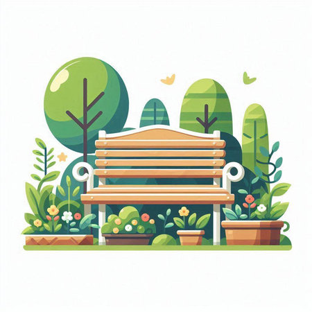 Wooden bench in the park. Vector illustration in flat style.のイラスト素材