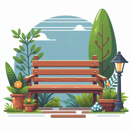 Wooden bench in the garden. Vector illustration in flat style.のイラスト素材