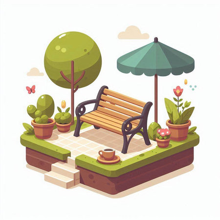 Park bench with umbrella and coffee cup. Isometric vector illustration.のイラスト素材