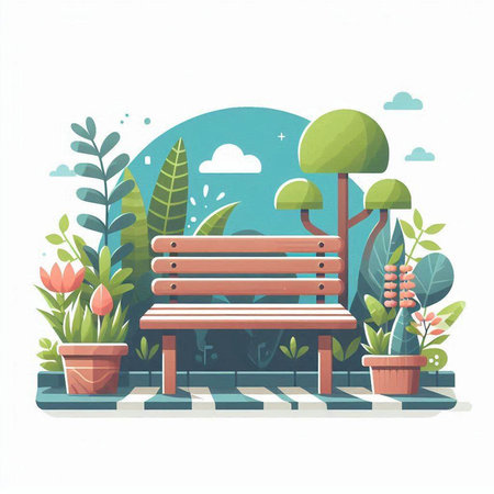 Vector illustration of a park bench with flowers and plants in pots.のイラスト素材