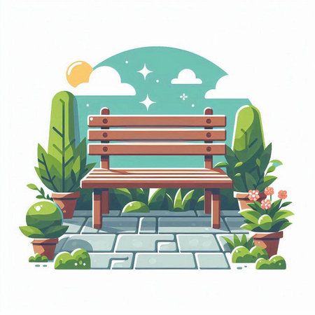 Wooden bench in the park. Vector illustration in flat style.のイラスト素材
