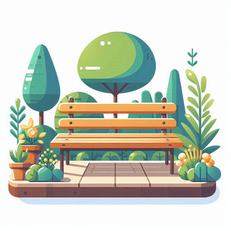 Wooden bench in the park. Vector illustration in flat style.のイラスト素材