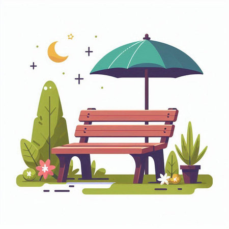 Wooden bench and umbrella in the park. Flat style vector illustration.のイラスト素材