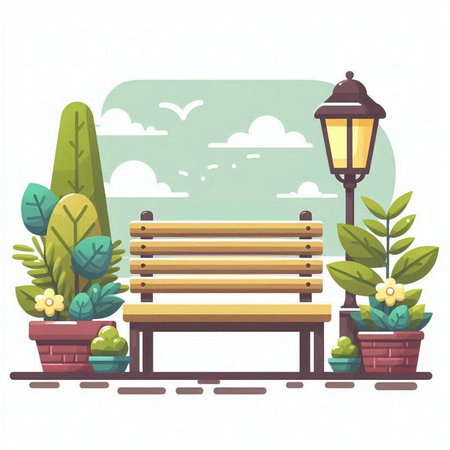 Bench in the park. Vector illustration in flat style. Isolated on white background.のイラスト素材