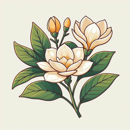 Beautiful magnolia flowers with green leaves. Hand drawn vector illustration.のイラスト素材