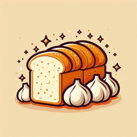 Illustration of a loaf of bread with garlic and stars on a light backgroundのイラスト素材