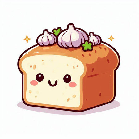 Cute cartoon bread with garlic. Vector illustration isolated on white background.のイラスト素材