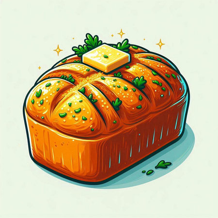 Illustration of a fresh loaf of bread with butter and parsleyのイラスト素材