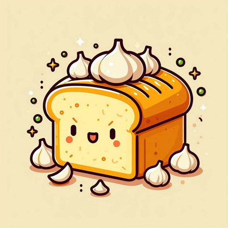 Illustration of a cute bread character with white cream and garlic.のイラスト素材