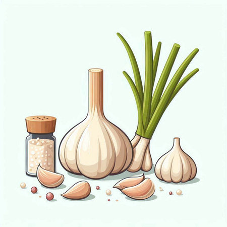 Garlic, garlic cloves, salt and pepper. Vector illustration.のイラスト素材