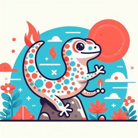 Cute cartoon lizard on the rock. Vector illustration in flat style.のイラスト素材