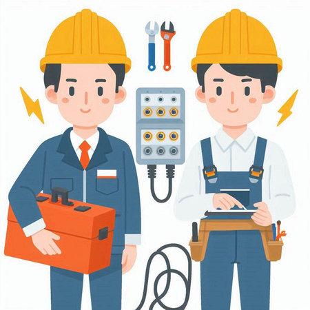 An engineer man and a worker man holding a toolbox and a battery.のイラスト素材