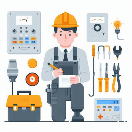 Electrician, electrician, technician, engineer, technician. Vector illustration in flat styleのイラスト素材