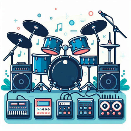 Drum set in flat style on white background. Vector illustration.のイラスト素材