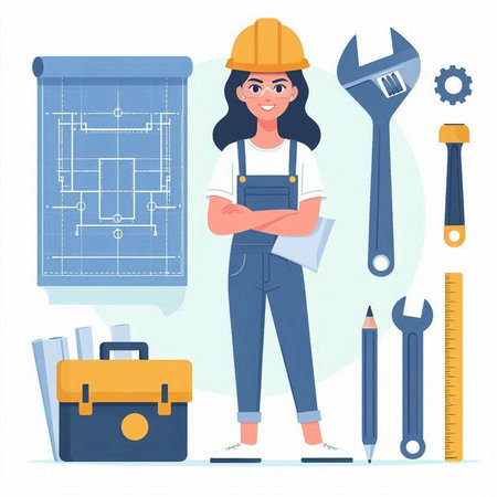 Woman builder in helmet and overalls with tools, vector illustration.のイラスト素材