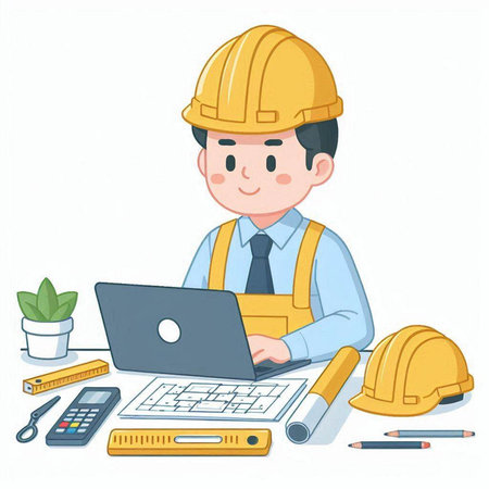 Architect working on laptop. Vector illustration isolated on white background.のイラスト素材