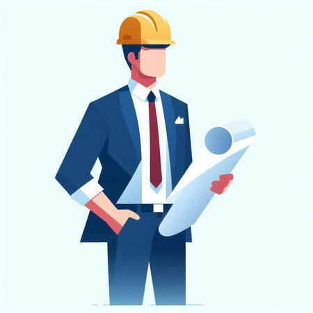 Engineer in hardhat with blueprint. Vector illustration in flat styleのイラスト素材