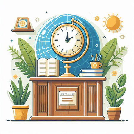 Vector illustration of school desk with books, clock, globe and stationery in flat styleのイラスト素材
