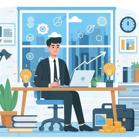 Businessman working on laptop in office. Businessman sitting at desk and working on computer. Vector illustration in flat styleのイラスト素材