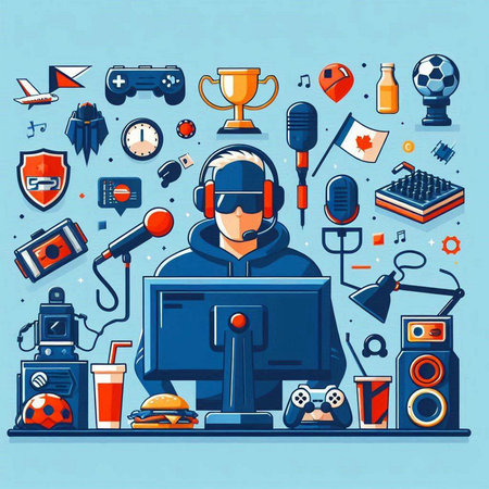 Vector illustration of gamer workspace with computer, gamepad, joystick, microphone, mouse, headphones, cup and other elementsのイラスト素材