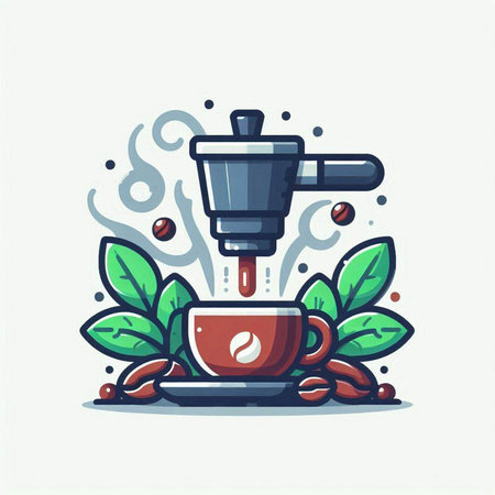 Coffee machine with beans and leaves. Vector flat illustration.のイラスト素材