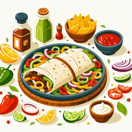 Mexican food vector illustration. Tasty tortilla wrap with meat, vegetables, cheese and salsa sauce.のイラスト素材