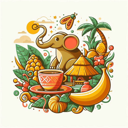 Cute vector illustration with the image of the elephant, palm tree, cup of coffee, bamboo hut and fruits.のイラスト素材
