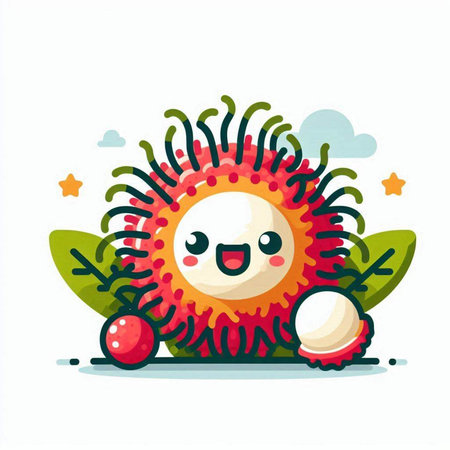 Cute funny rambutan fruit character. Vector flat cartoon illustrationのイラスト素材