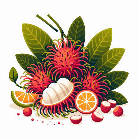 Rambutan fruit vector illustration isolated on white background. Rambutan tropical fruit vector illustration.のイラスト素材