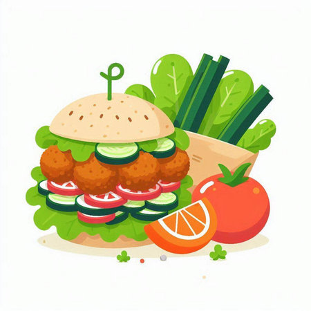 Vegetarian burger with vegetables and greens. Vector illustration in flat style.のイラスト素材