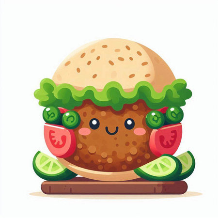 Kawaii hamburger on wooden board. Vector illustration in cartoon styleのイラスト素材
