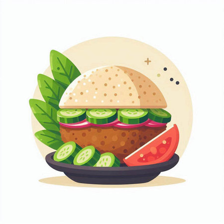 Hamburger with cucumber and tomato. Vector illustration in flat styleのイラスト素材