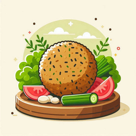 Vector illustration of meatball with vegetables on a round wooden board.のイラスト素材