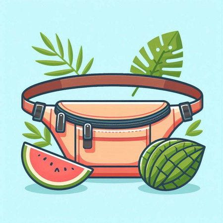 Fashionable summer bag with watermelon and palm leaves. Vector illustrationのイラスト素材