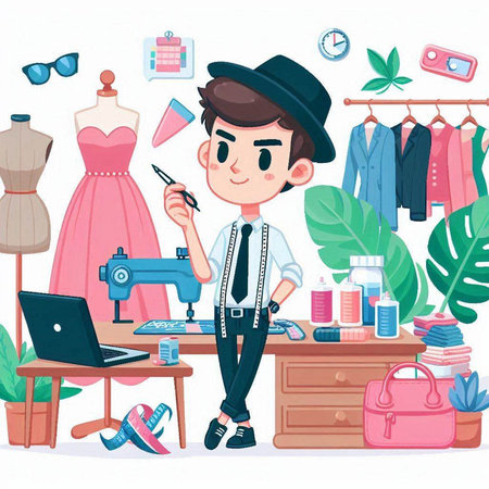 Fashion designer. Vector illustration of a fashion designer working in his studio.のイラスト素材
