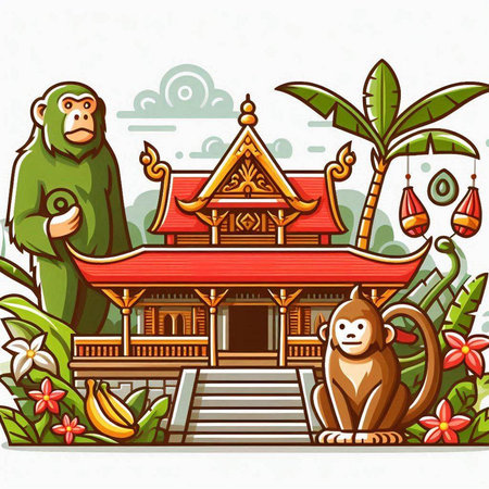 Monkey on the background of a Buddhist temple. Vector illustration.のイラスト素材